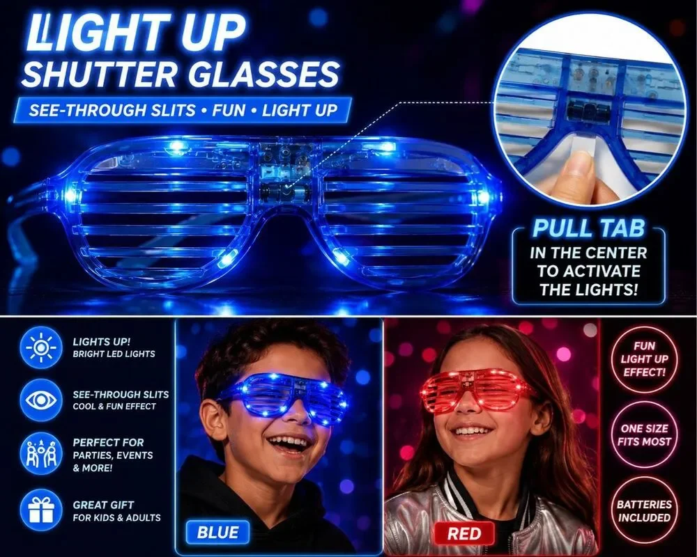 New 2 Pack LED Light Up Shutter Glasses Red Blue See Through Party Novelty Kids